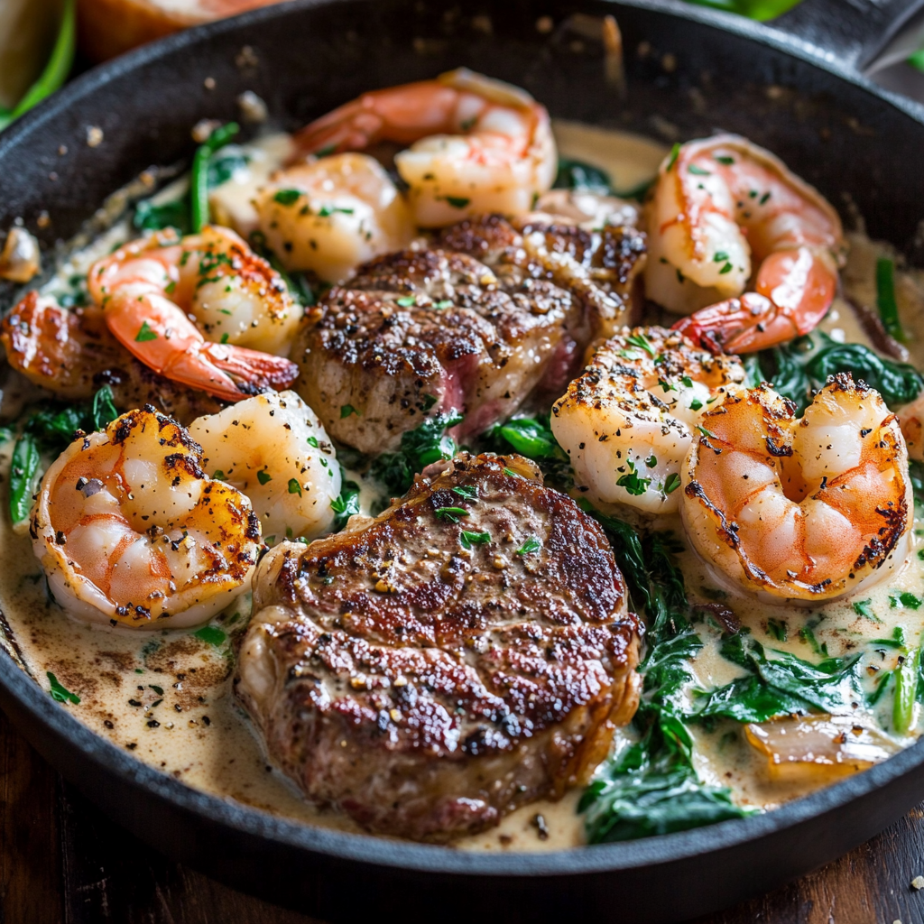 Steak- und Meeresfrüchtepfanne